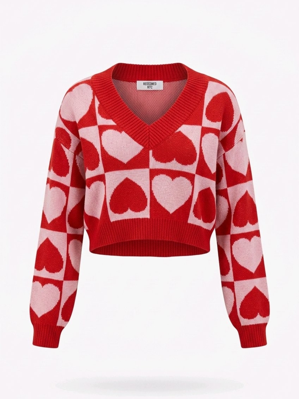 Madden NYC Red & Pink Checkered Heart Jacquard V-Neck Cropped Sweater Small 1191